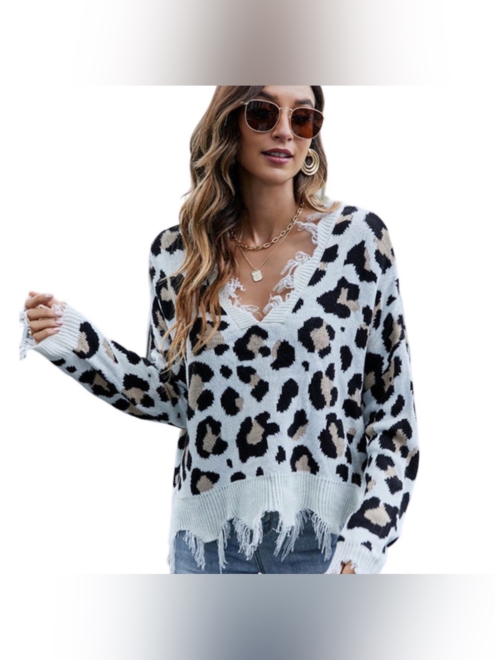 NWOT Graffiti Distressed Fringe Leopard Print Crop Sweater Women’s L